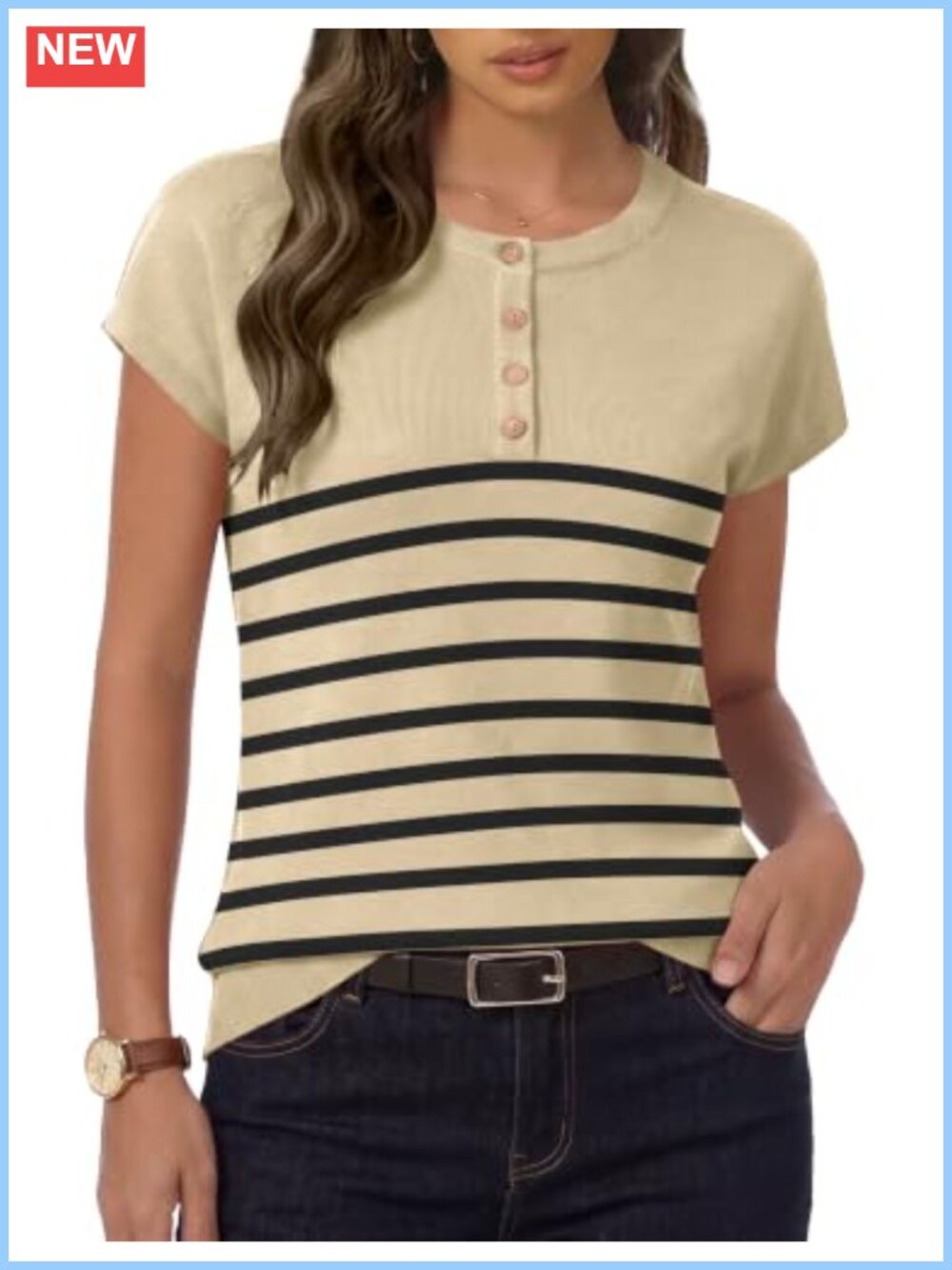 Cap Sleeve Sweater Women Button Up Crew Neck Knit Top Dressy Casual